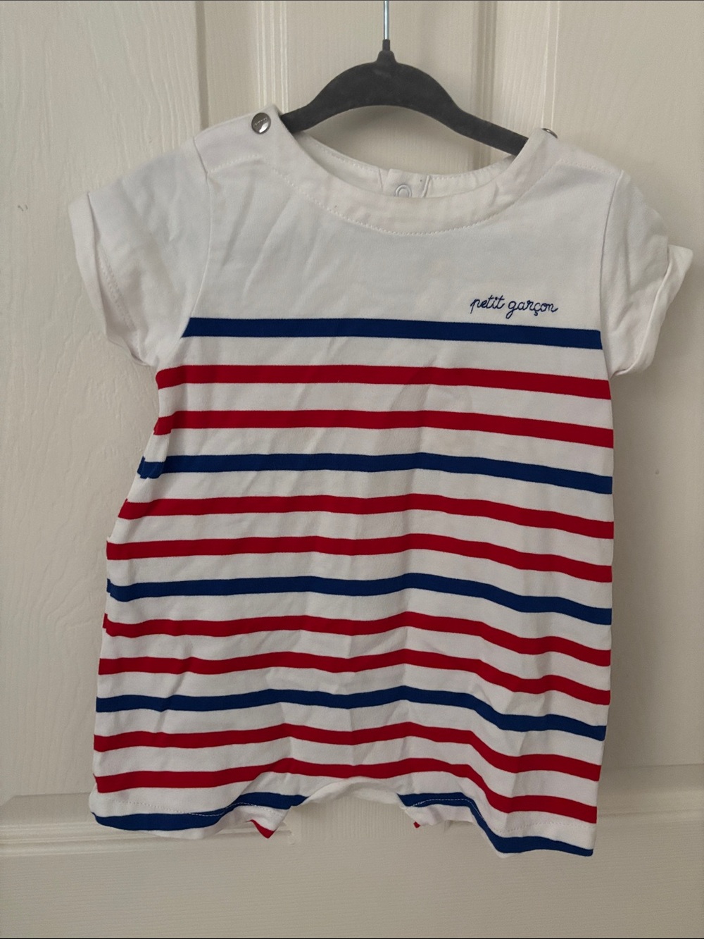 Jacadi Paris White Red and Blue Striped One-Piece Bodysuit